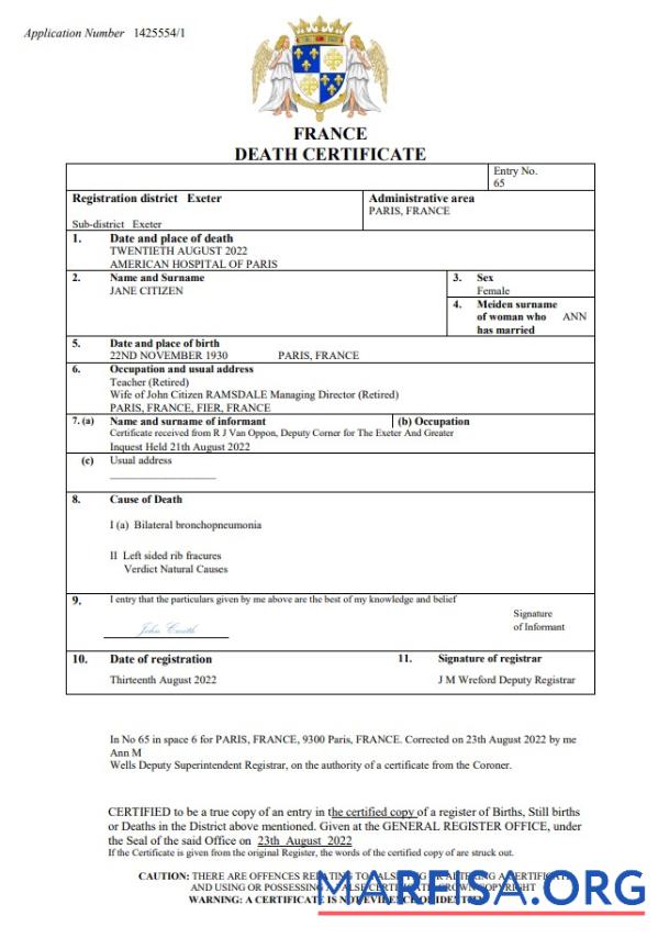 Downloadable France vital record death certificate Word and PDF template